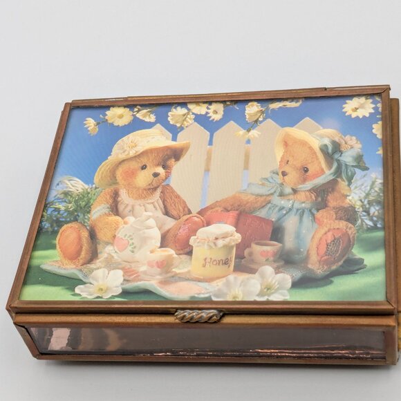 Cherished Teddies Trinket Box Glass Mirror Brass 4" x 3" x 1" - Picture 10 of 13